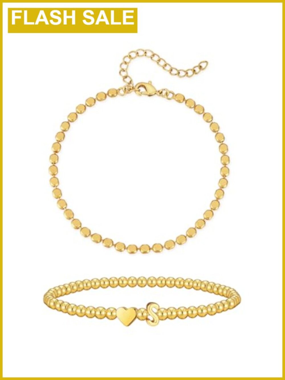 18K Gold Plated Initial Beaded Stretch Bracelet Letter Charm Gift for Her